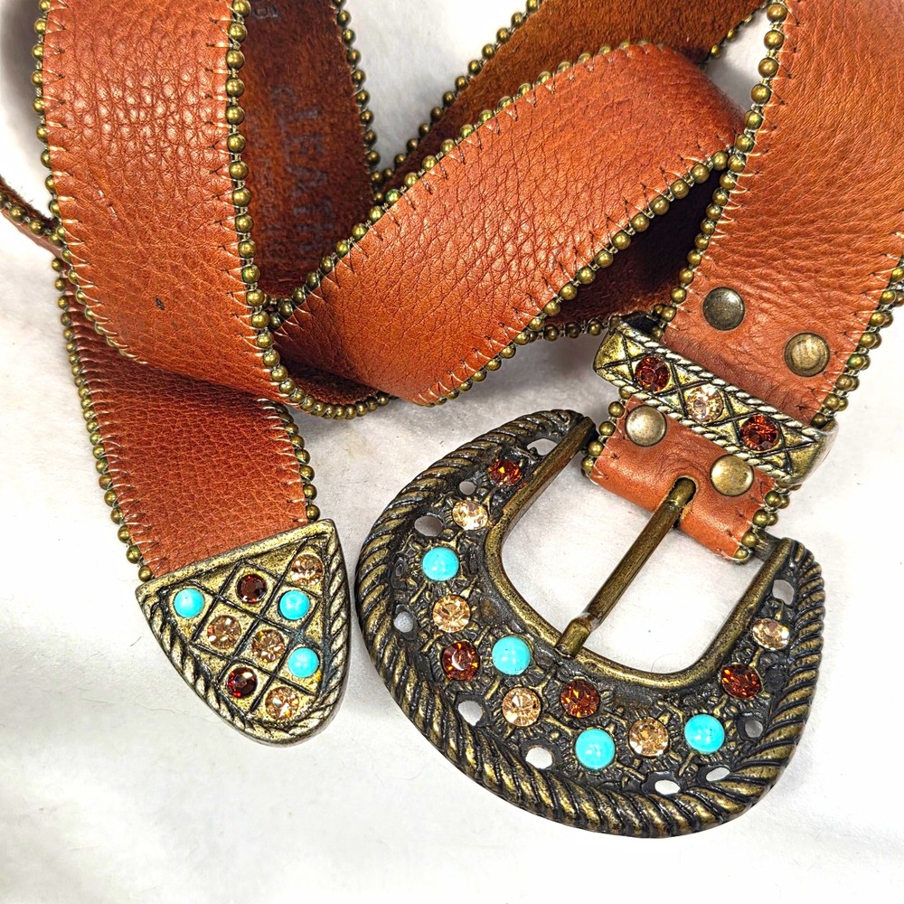 Vintage Leatherock Women's Brown Western Studded Buckle Leather Belt Size L/36